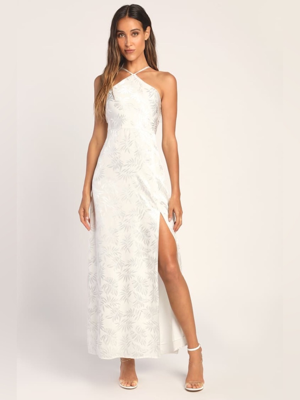 Lulus Elegant Expressions White Satin Leaf Print Halter Maxi Dress Bridal S Nwt